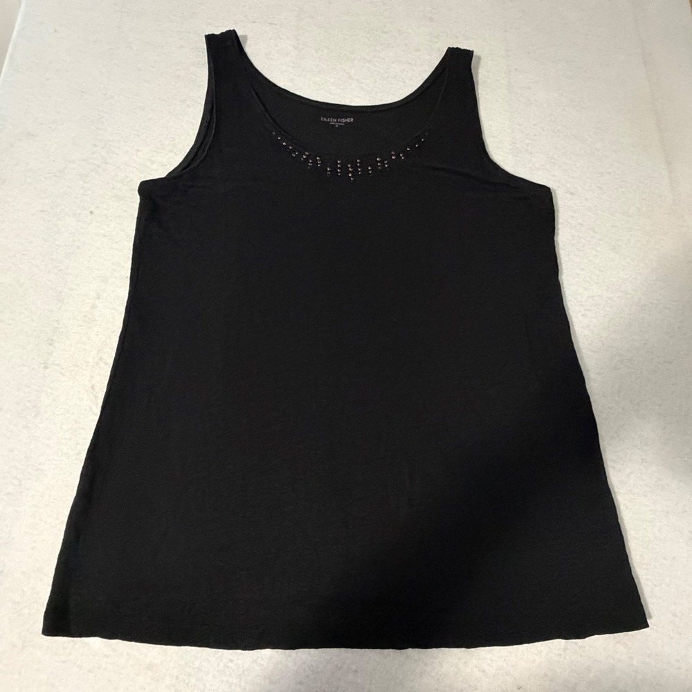 Eileen Fisher Black 100% Linen Studded Scoop Neck Tank Top Womens Medium